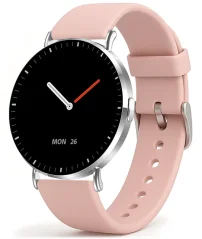 Chytré hodinky Veluxeo Round stříbrné s růžovým silikonovým řemínkem