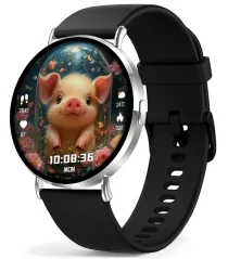 Chytré hodinky Veluxeo Round stříbrné s černým silikonovým řemínkem